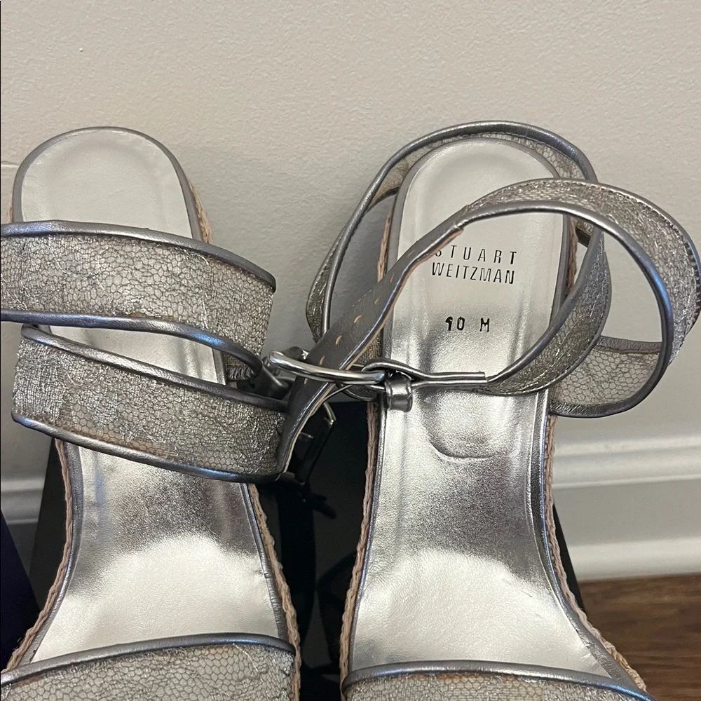 Stuart Weitzman Metallic Silver Espadrille Wedge Sandals - Picture 3 of 9